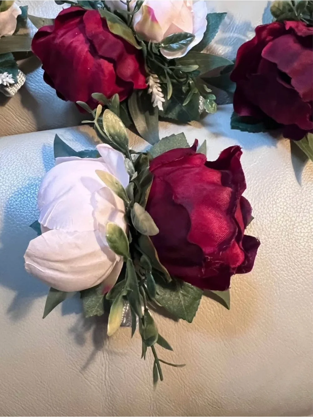 Wedding Wrist Corsages, Burgundy, Blush & Ivory Peonies - Set of 7